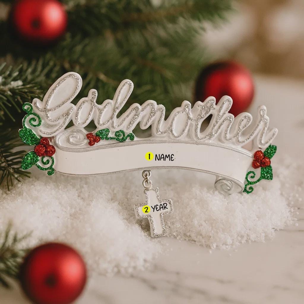 Decorative ornament with 'Godmother' text and a cross charm on a Christmas tree background.