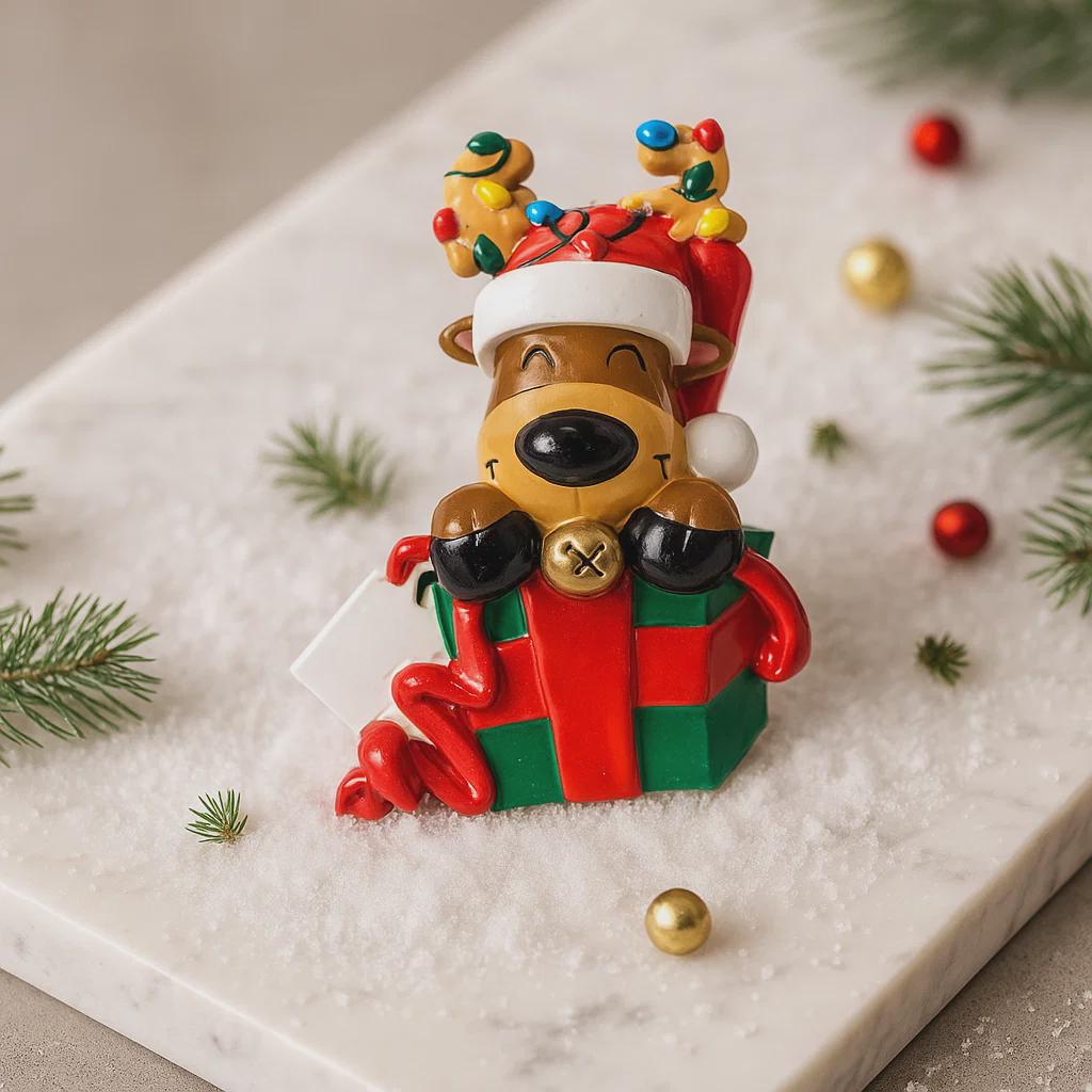 Christmas-themed figurine of a reindeer in a Santa hat with lights on a decorative surface.