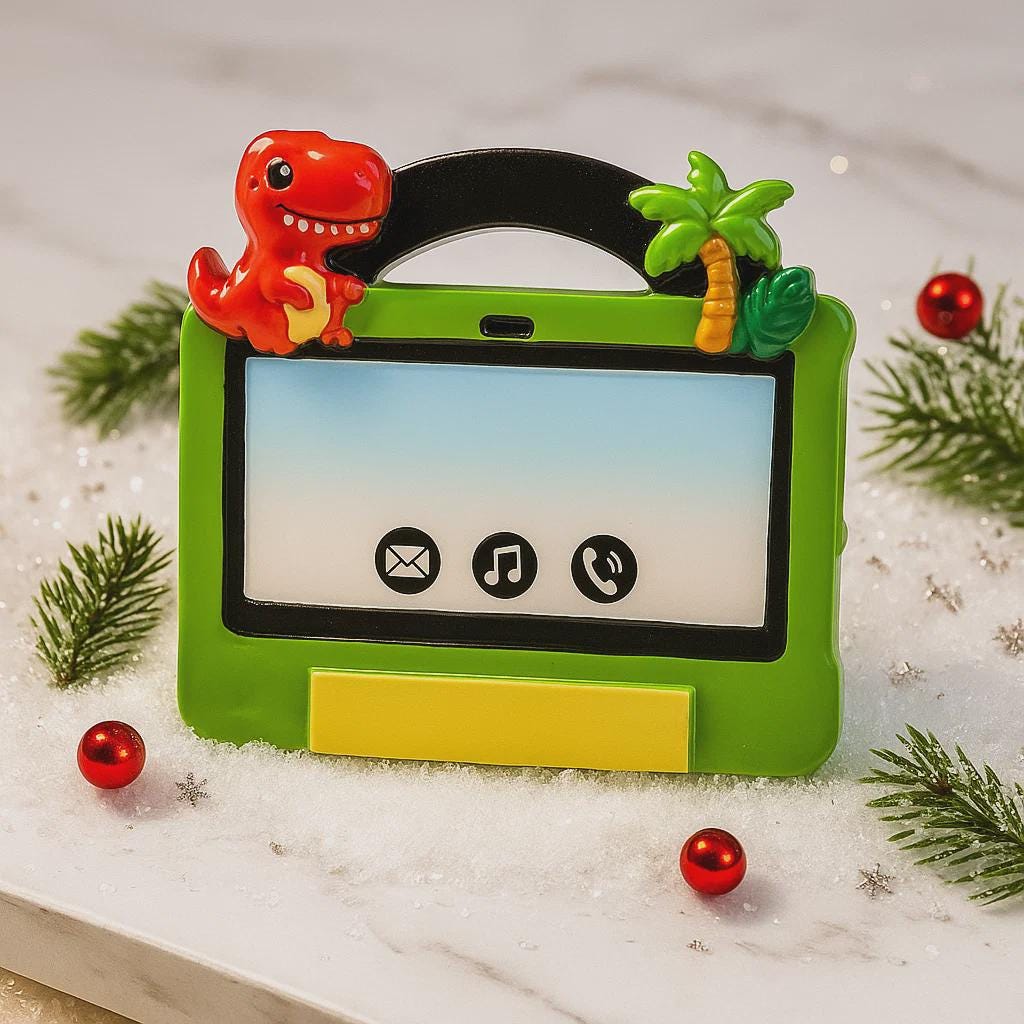 Children's tablet ornament with dinosaur design on a snowy background