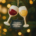 Load image into Gallery viewer, Decorative ornament with two wine glasses and a plaque on a Christmas tree.
