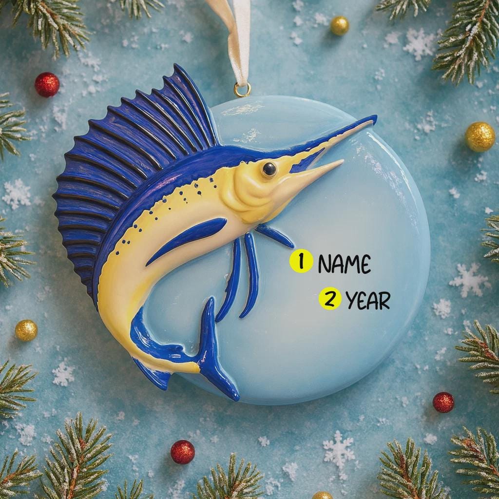 Decorative Sailfish fish ornament on a blue background with Christmas elements