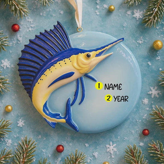 Decorative Sailfish fish ornament on a blue background with Christmas elements