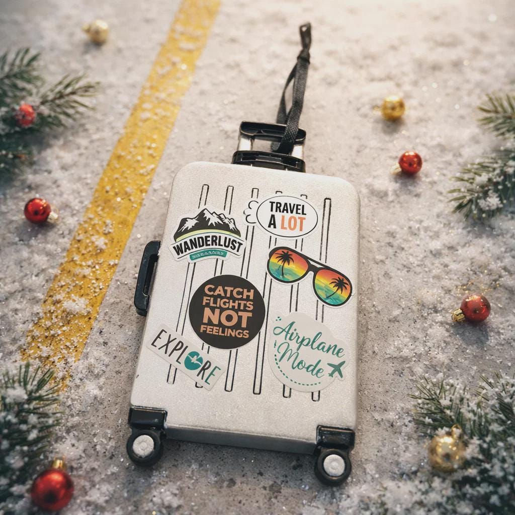 Travel-themed suitcase with decorative elements on a snowy ground with Christmas decorations.