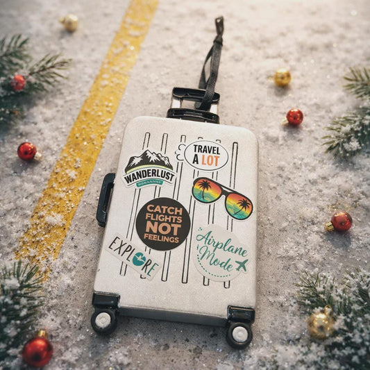 Travel-themed suitcase with decorative elements on a snowy ground with Christmas decorations.