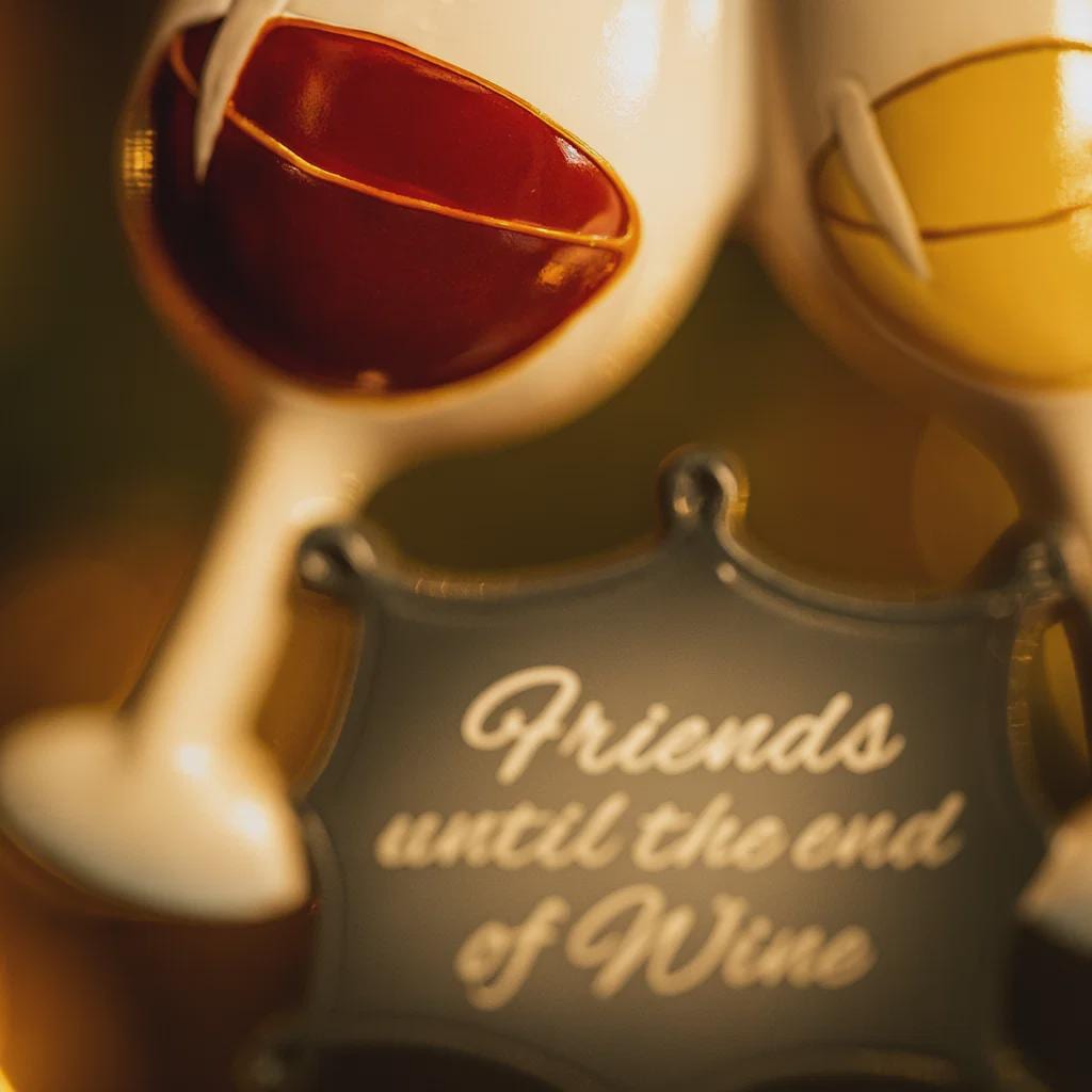 Two ceramic wine glasses with a bottle, featuring the text 'Friends until the end of Wine' on a dark background.