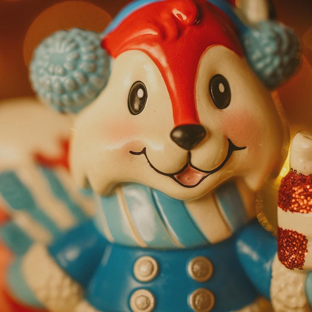 Decorative figurine of a bear wearing a red hat and blue outfit with a blurred background