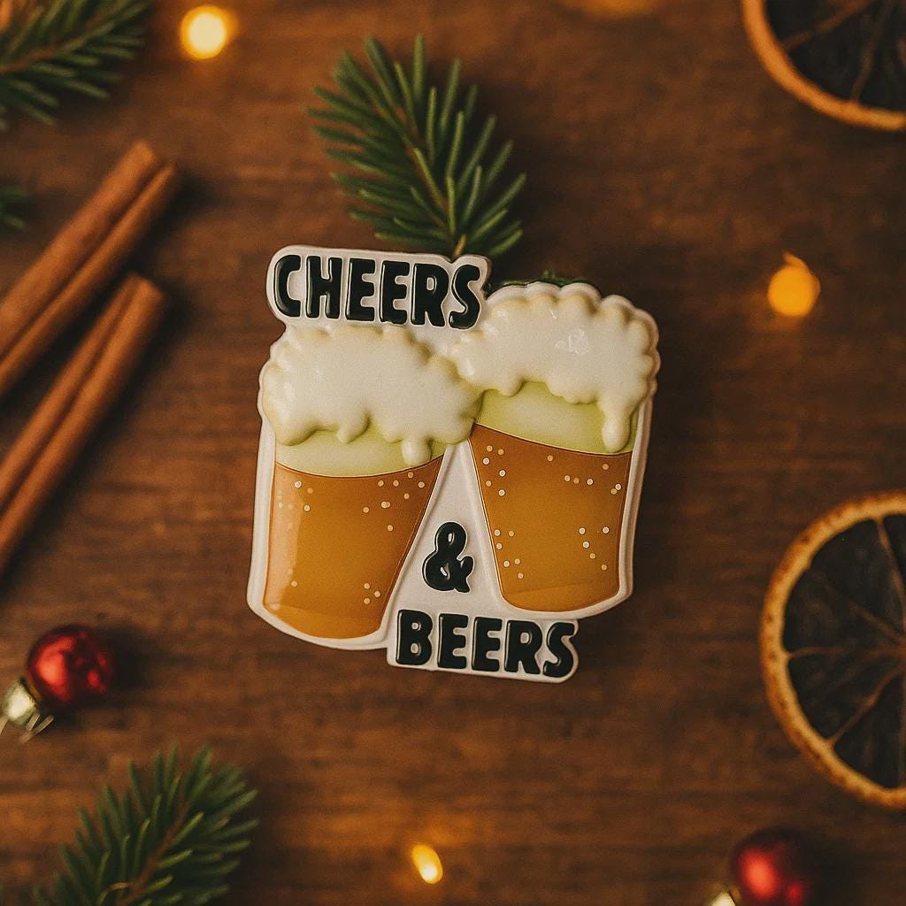 Personalized Cheers and Beers Christmas ornament featuring a raised 3D front with two frothy beer mugs clinking together. The design includes bold “Cheers” and “Beers” lettering, detailed foam texture, and warm amber beer tones. The ornament has a flat 2D back for easy hanging. Hand-added personalization allows two names and a year. Styled on a rustic wooden background with Christmas lights, greenery, and festive decor for a cozy holiday atmosphere.
