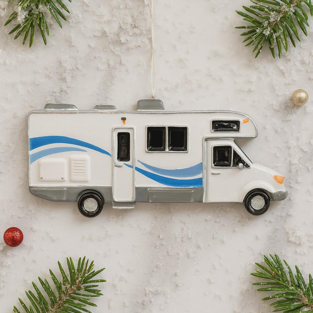 RV-shaped Christmas ornament on a snowy background with pine branches.