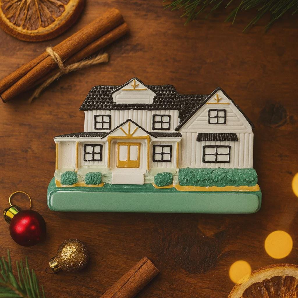 Decorative house ornament on a wooden surface with cinnamon sticks and Christmas decorations.