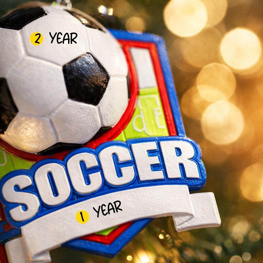 Personalized soccer Christmas ornament featuring a classic black and white soccer ball on a shield style background, customizable name area on the front banner and customizable year area on the soccer ball, glossy finish with raised 3D front details and flat 2D back, white hanging ribbon, displayed on a snowy soccer field themed holiday background with pine branches pinecones and festive decorations.
