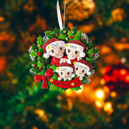 Personalized Family of 4 Christmas Wreath Ornament | Custom Name Xmas Gift