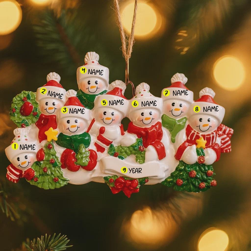 Snowman Family of 8 Christmas Ornament | Personalized Names and Year | Winter Tree Decor Keepsake