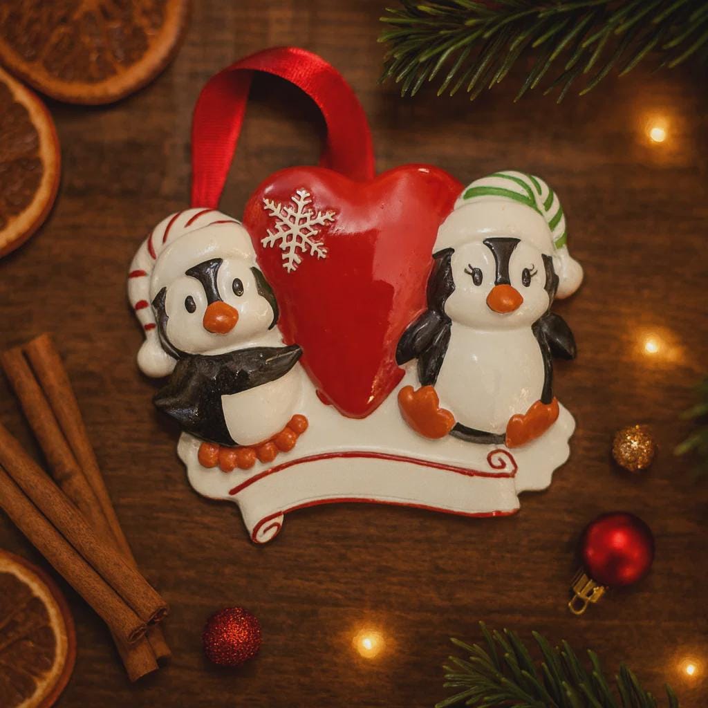 Decorative Christmas ornament with penguins and a heart, surrounded by festive items on a wooden surface.