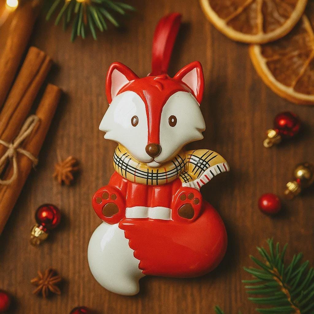 Red and white fox ornament with plaid scarf on a wooden surface with Christmas decorations.