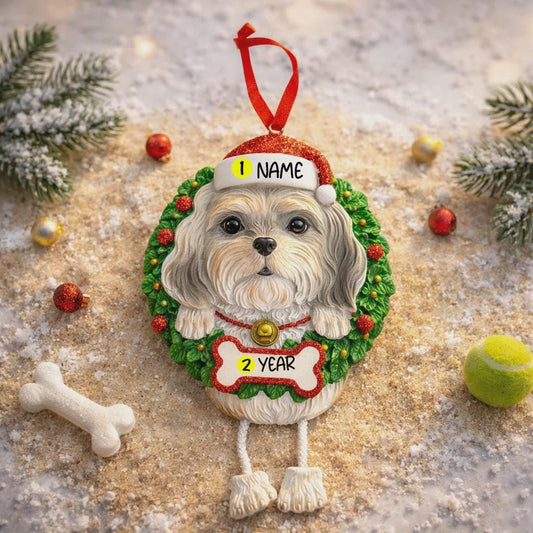Dog-shaped Christmas ornament with customizable text on a festive background