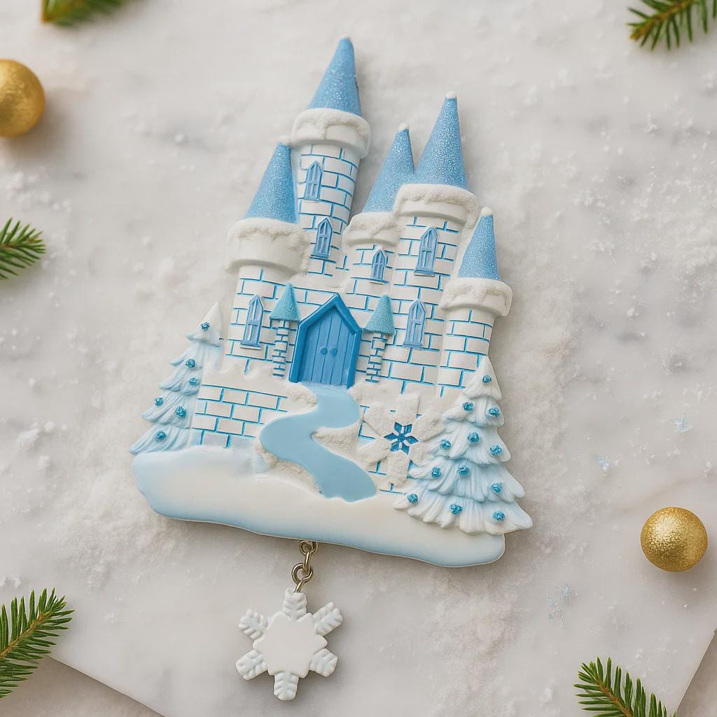 Decorative cookie shaped like a castle with blue towers and snowflakes on a white background.