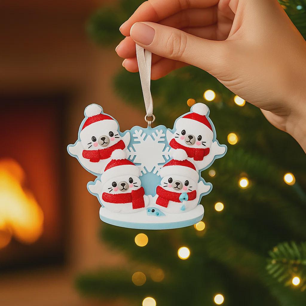 Decorative Christmas ornament with snowmen in red hats and scarves held by a hand against a festive background.