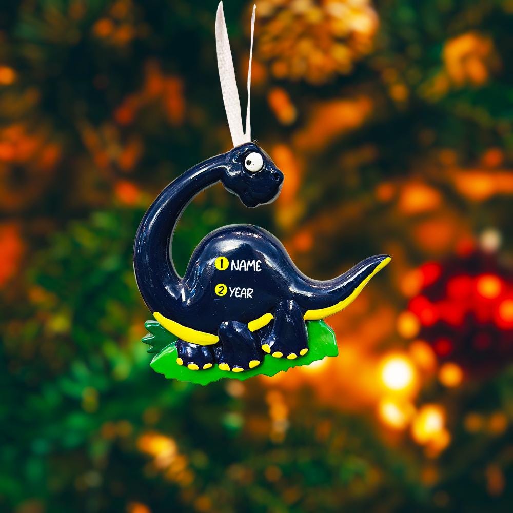 Personalized dinosaur Christmas ornament with custom name and year, dark blue long neck dino holiday keepsake
