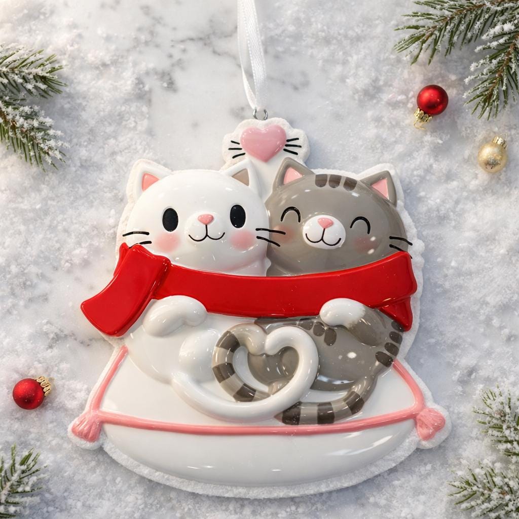 Personalized Cat Couple Ornament | Valentine Couple Gift for Kitty Lovers | 3D Front