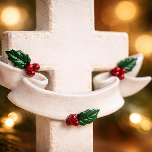 Personalized memorial cross ornament featuring a classic white cross design with a smooth matte finish and gentle holiday accents. Includes free handwritten personalization with name and year displayed on the front. Designed with a raised 3D front and flat back for easy hanging. A meaningful keepsake ornament created to honor loved ones and cherish memories during the holiday season. Perfect for remembrance decor faith inspired gifts and Christmas tree display.