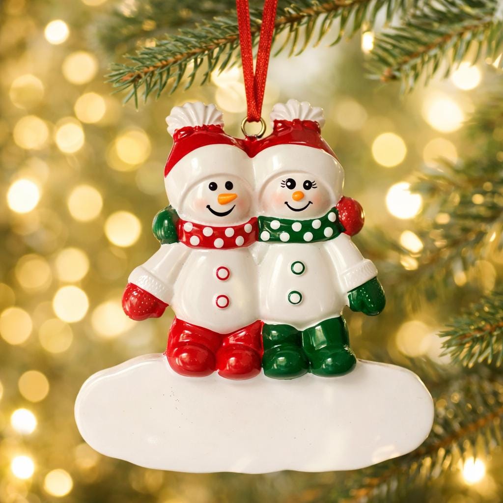 Two snowman ornaments in red and green attire hanging from a tree branch with a festive background.