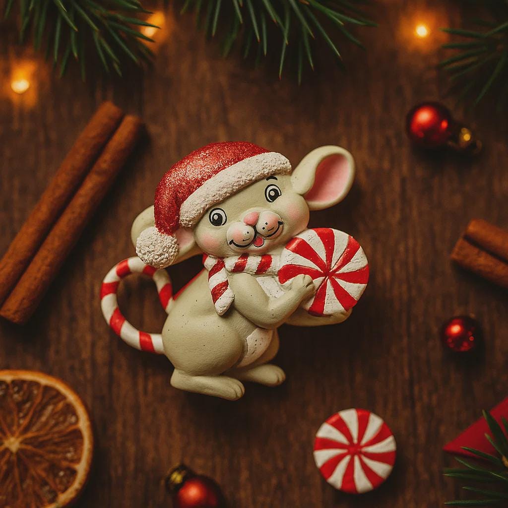 Decorative mouse figurine with a Santa hat and candy cane on a wooden surface with Christmas decorations.