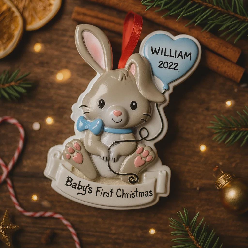 Baby Bunny Boy First Christmas Ornament | Personalized Animal Keepsake | Raised 3D Details