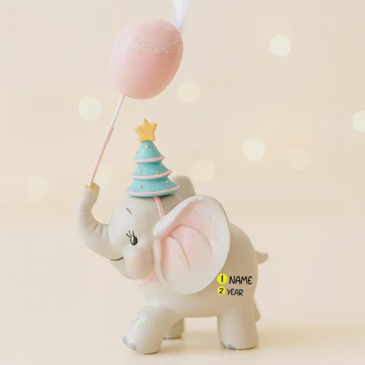 Baby’s First Christmas Elephant Ornament | Pink Balloon Christmas Keepsake | Personalized 3D Decor