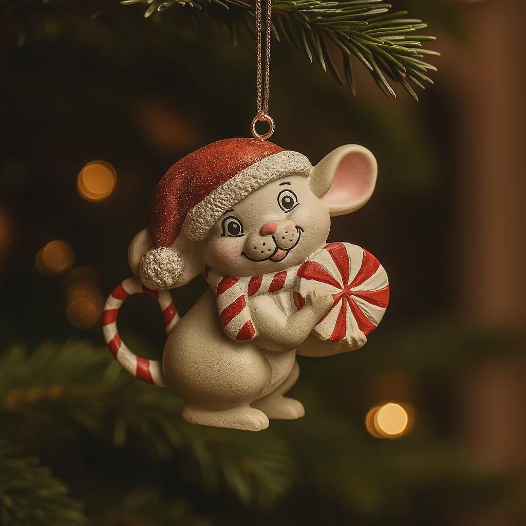 Christmas ornament of a mouse with a Santa hat and candy canes on a tree.