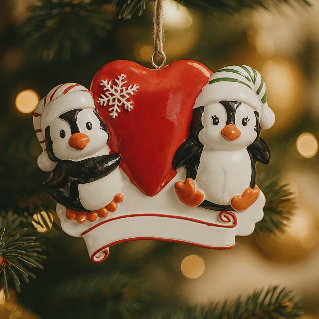 Christmas ornament with two penguins and a red heart on a tree.
