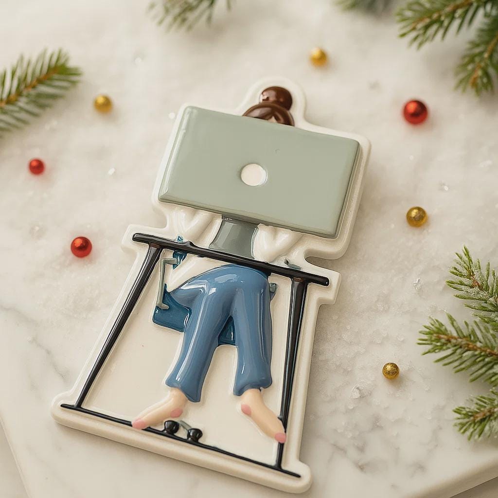 Decorative ornament of a person using a laptop on a mouse trap with Christmas decorations around.