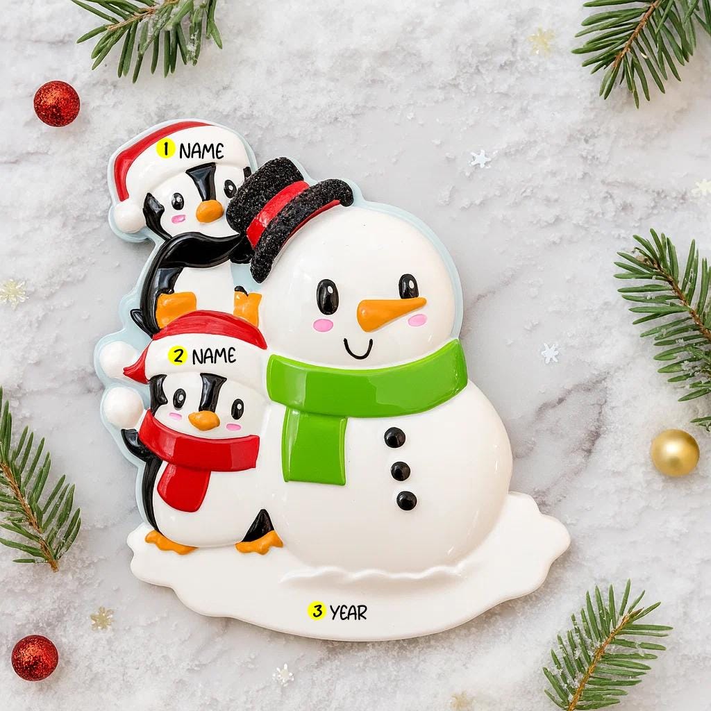 Decorative snowman and penguins ornament with customizable names on a festive background.