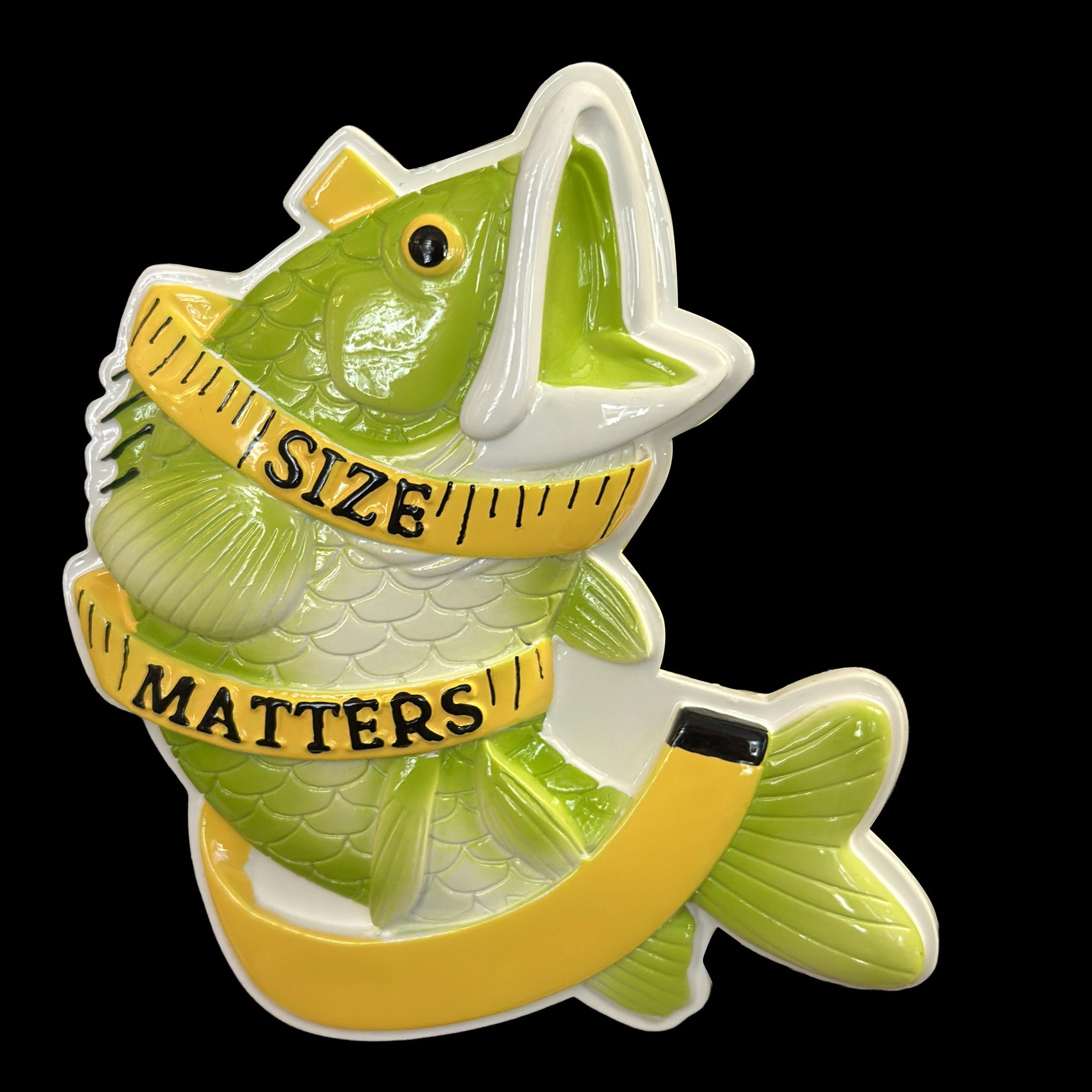 Decorative fish ornament with a measuring tape around it and 'SIZE MATTERS' text on a black background.
