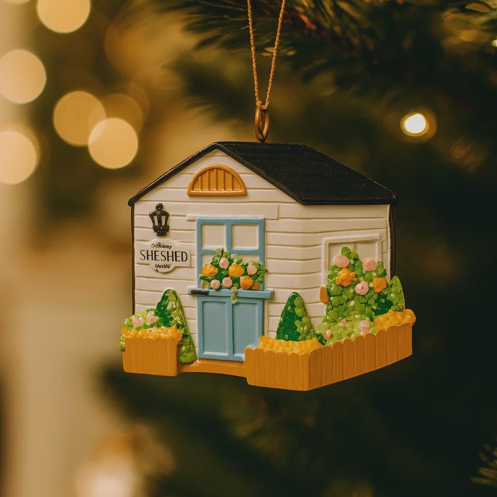 Decorative ornament of a shed with plants on a blurred Christmas tree background