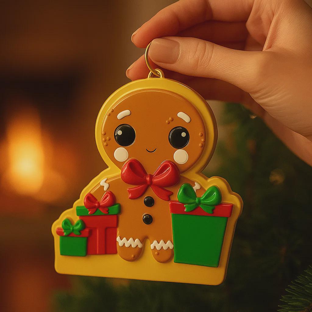 Gingerbread man Christmas ornament held by a hand with a blurred festive background