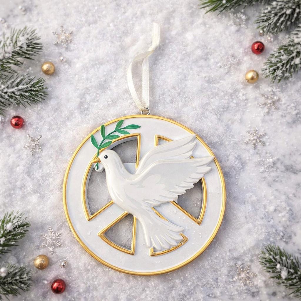 Decorative Christmas ornament with a dove and peace symbol on a snowy background.