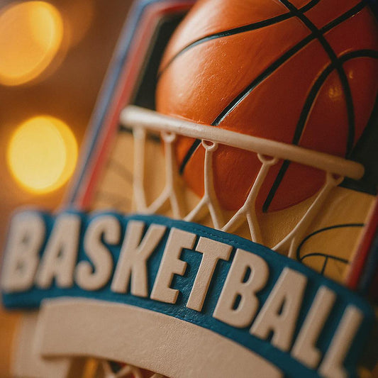 Personalized basketball Christmas ornament featuring an orange basketball and hoop design with customizable name area on the front banner and customizable year area on the basketball, glossy finish with raised 3D front details and flat 2D back, white hanging ribbon, displayed on a snowy basketball court themed holiday background with pine branches and festive decorations.