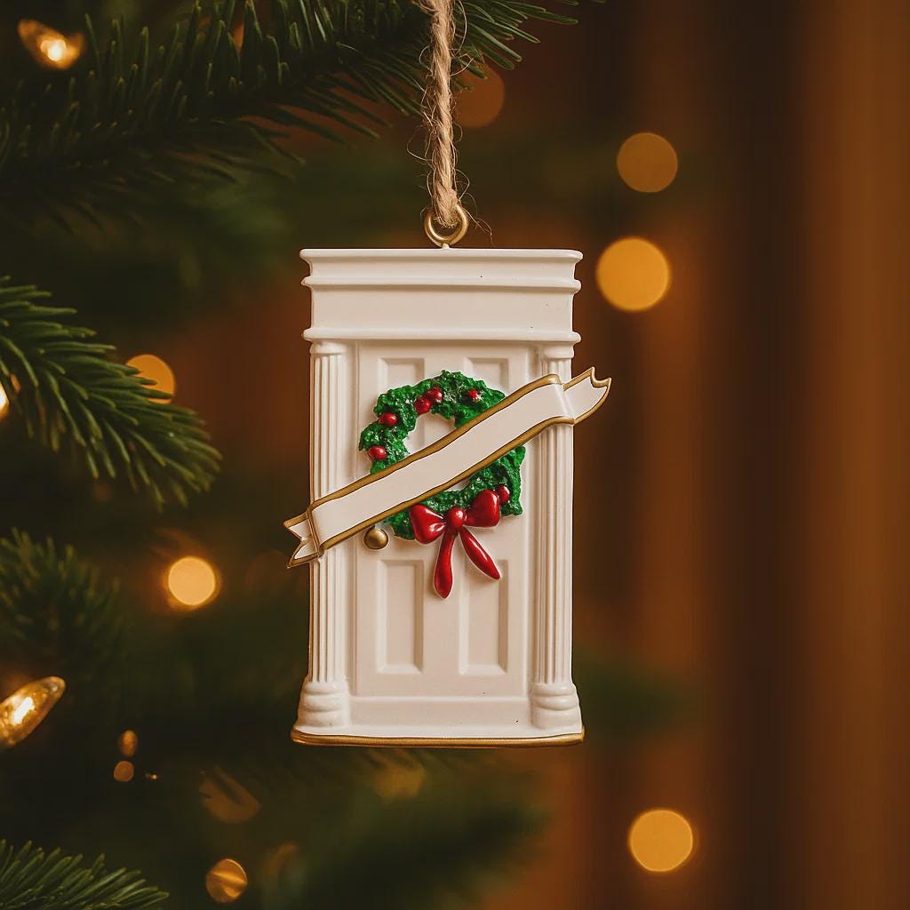 Decorative Christmas ornament on a tree with a wreath and ribbon design.