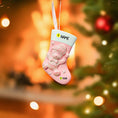 Load image into Gallery viewer, Pink teddy bear-themed ornament ornament with 'NAME' and '2 YEAR' text, Christmas tree background.
