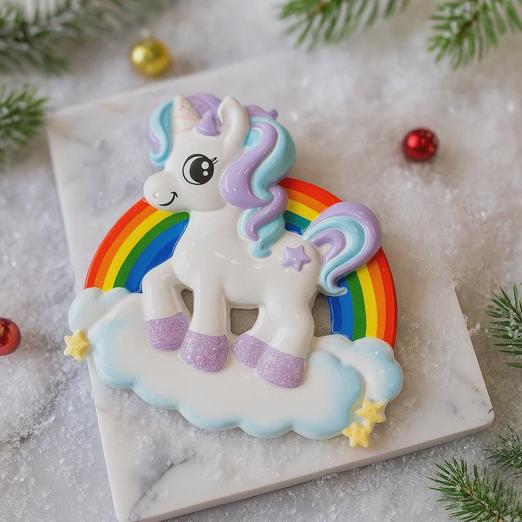 Unicorn cookie with rainbow and cloud on a marble surface with Christmas decorations.