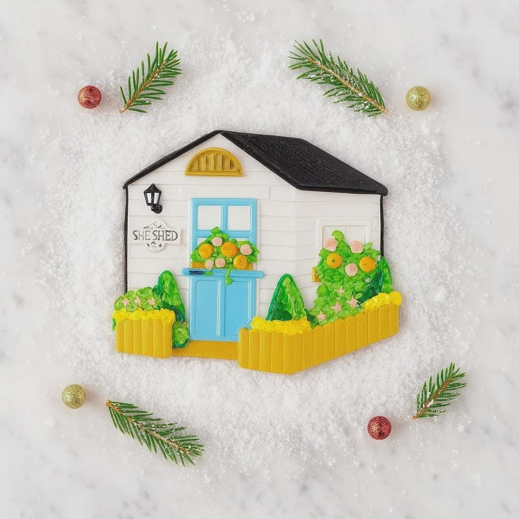 Decorative ornament of a shed with a blue door and greenery on a snowy background.