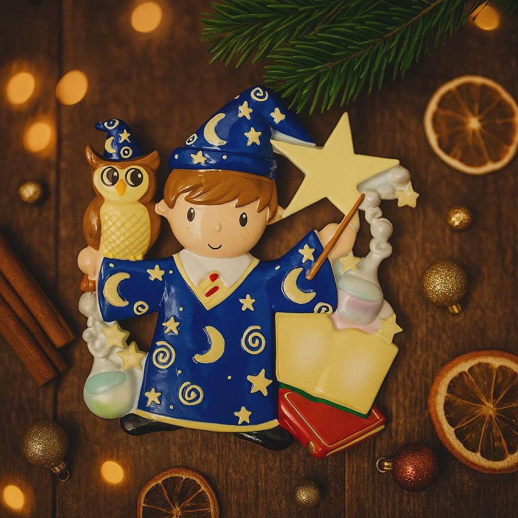 A cute blue-robed wizard boy Christmas ornament featuring a magic wand, star, open book and owl, perfect for kids. Personalized with name and year. Ideal holiday tree decoration for little wizard fans and magical Christmas gifts.