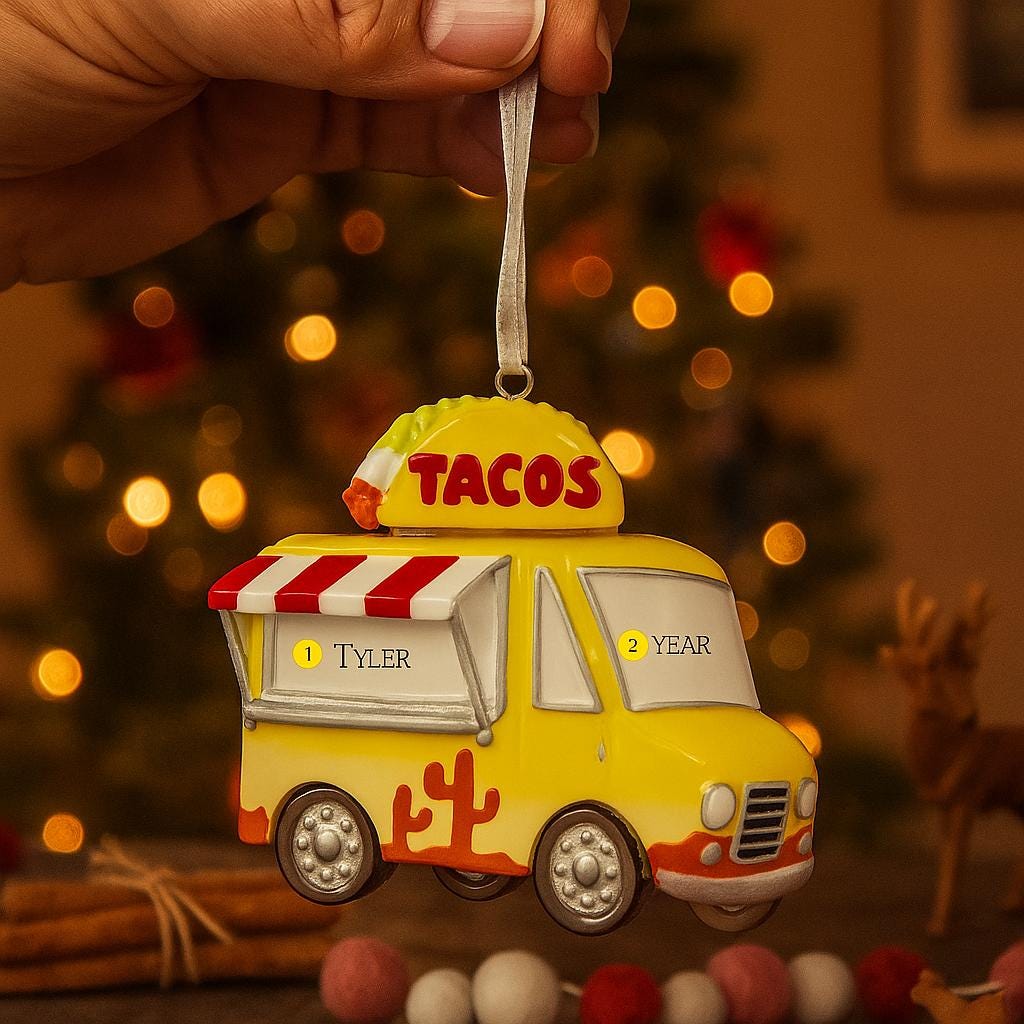Taco truck ornament with Christmas tree background.