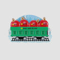 Load image into Gallery viewer, ornament train car with red apple-shaped cars and a green base on a light gray background
