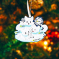 Load image into Gallery viewer, Decorative ornament with two polar bears and customizable text against a blurred Christmas tree background.
