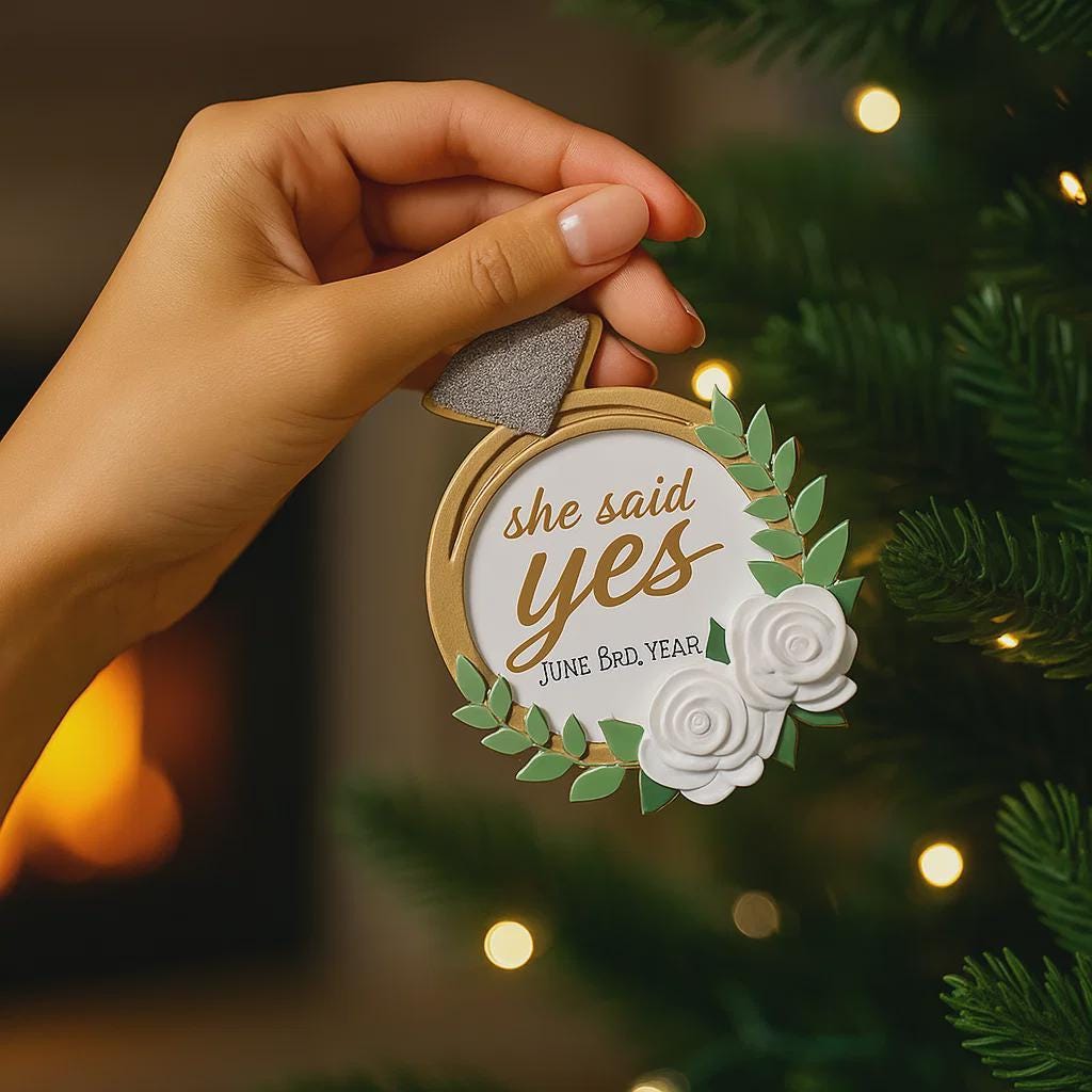 Elegant engagement Christmas ornament featuring gold accents white florals and the phrase she said yes. Personalized with a custom date to commemorate a proposal or engagement moment. A romantic keepsake perfect for celebrating newly engaged couples weddings and meaningful holiday memories.