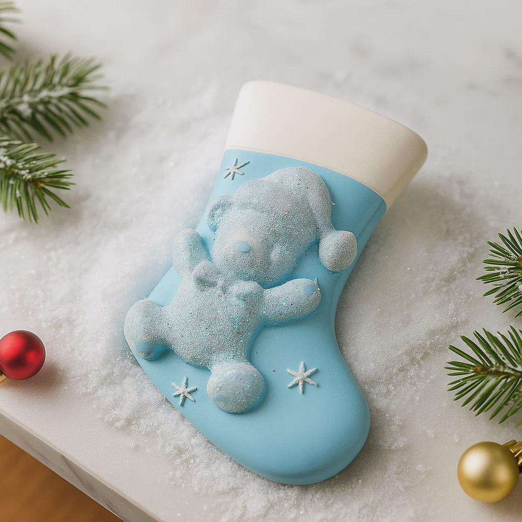 A glossy resin baby boy stocking ornament features a soft pastel blue Christmas stocking shape with a raised glitter style baby figure on the front, white cuff detail, small star accents, and smooth painted surfaces, surrounded by warm holiday lights and nursery themed props, handwritten personalization showing one baby name on the top cuff and the year written near the bottom of the stocking, designed as a mostly 2D ornament with raised 3D details on the front only.