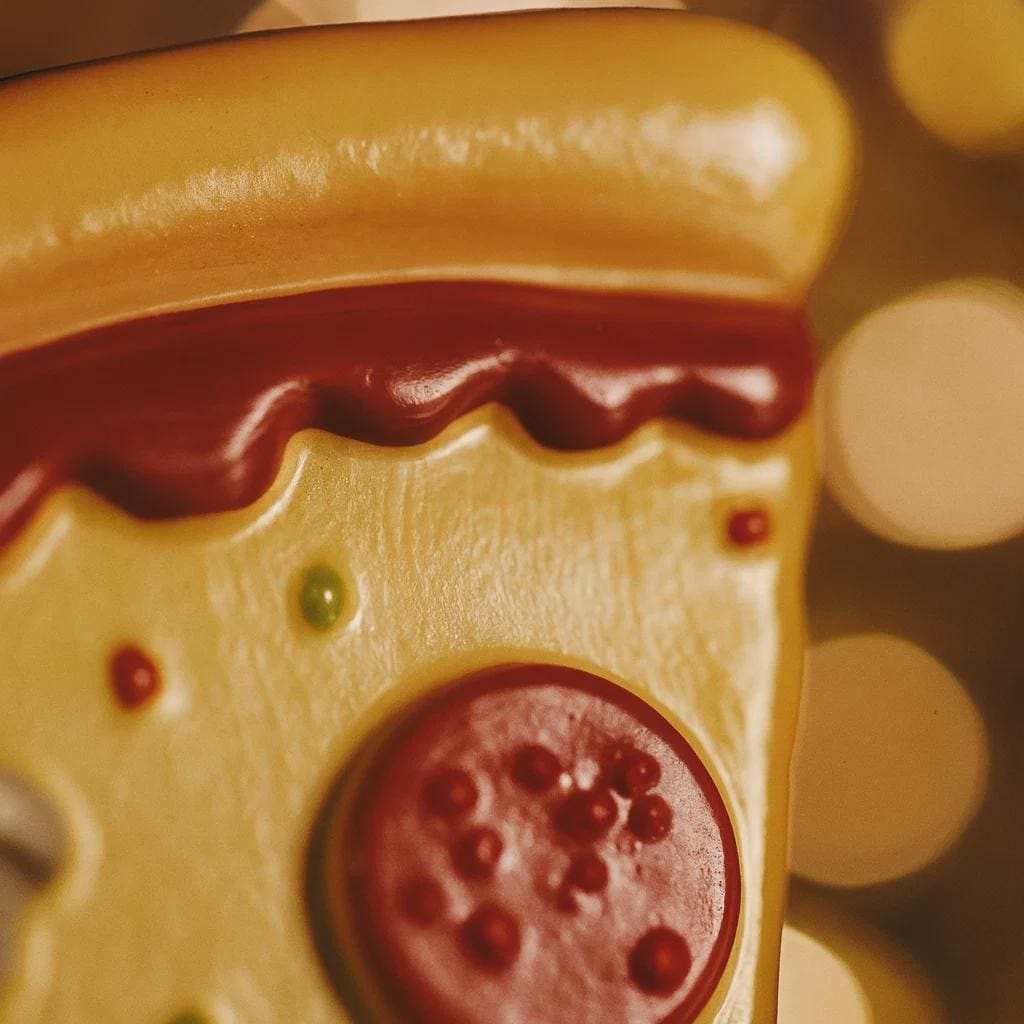 Close-up of a toy pizza with cheese and tomato sauce on a blurred background