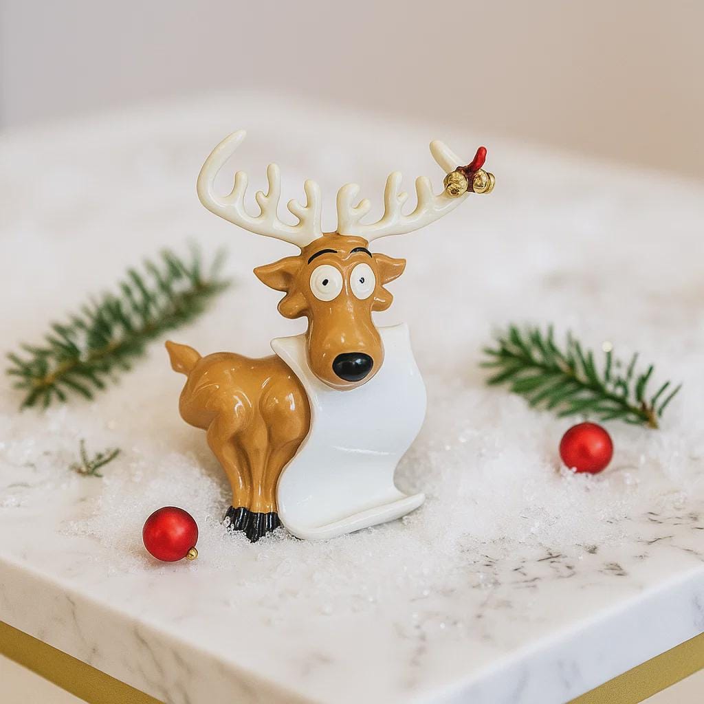 Decorative reindeer figurine with antlers on a snowy surface with Christmas decorations.