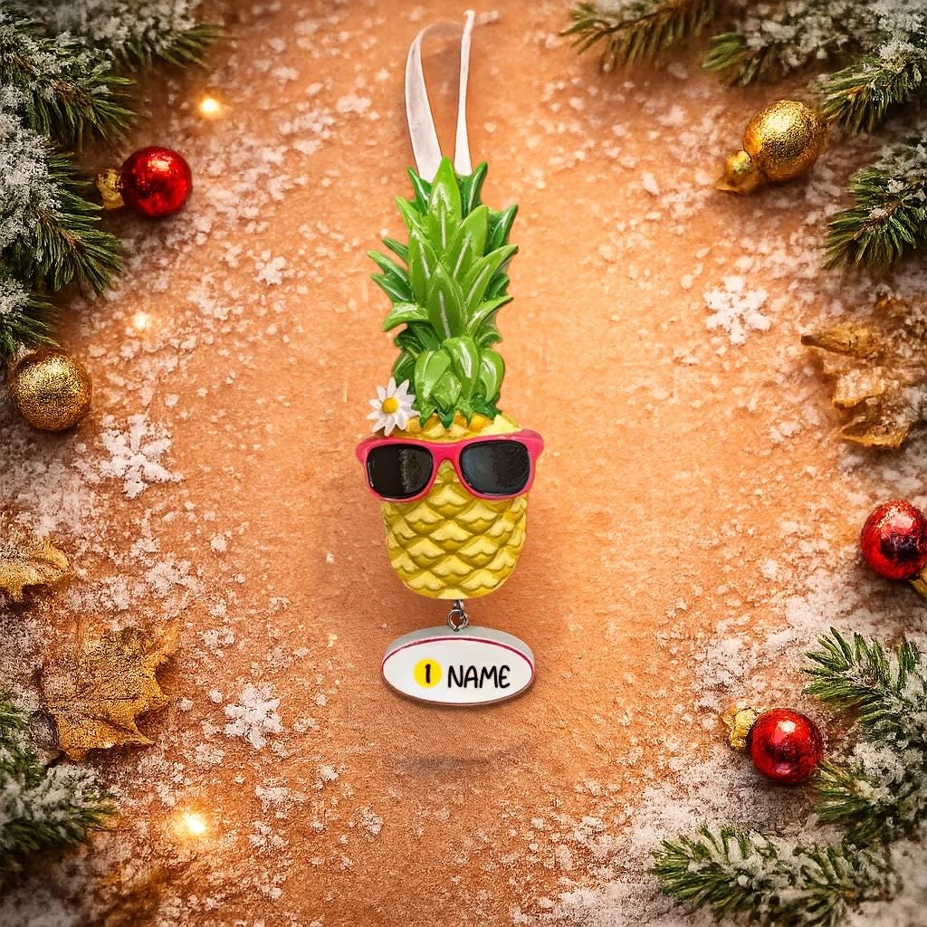 Pineapple ornament with sunglasses on a decorative background with Christmas elements